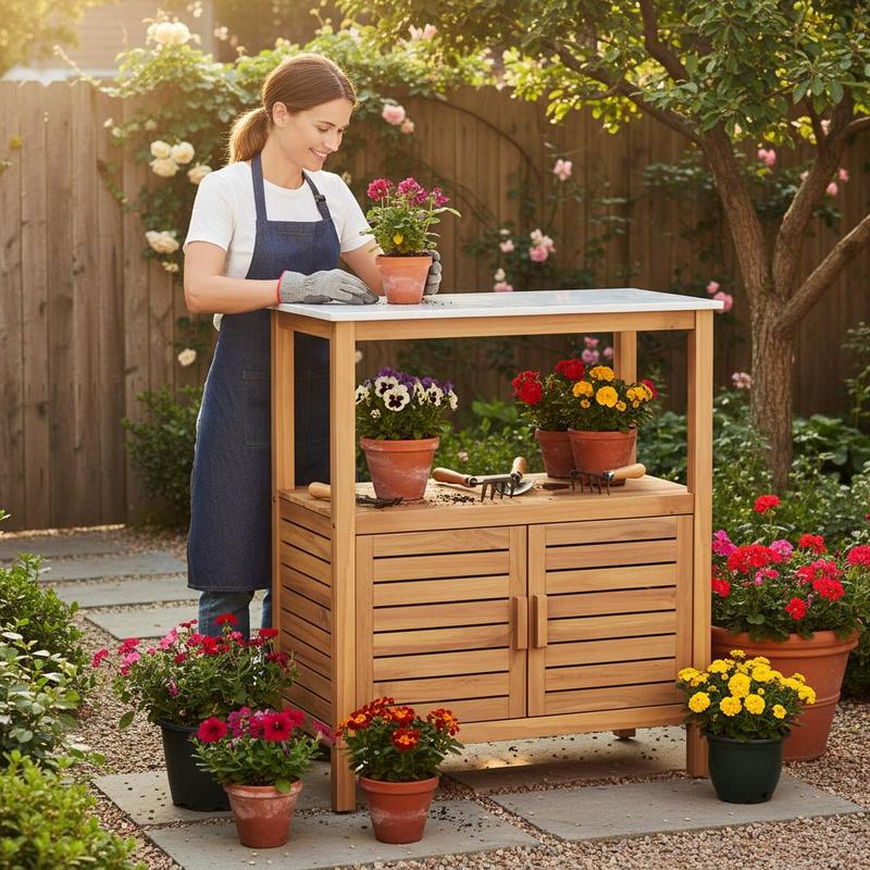 Workbench Woodworking - โต๊ะปลูกต้นไม้กลางแจ้ง ทำจากไม้กระถินเทศ พร้อมประตูบานเกล็ด