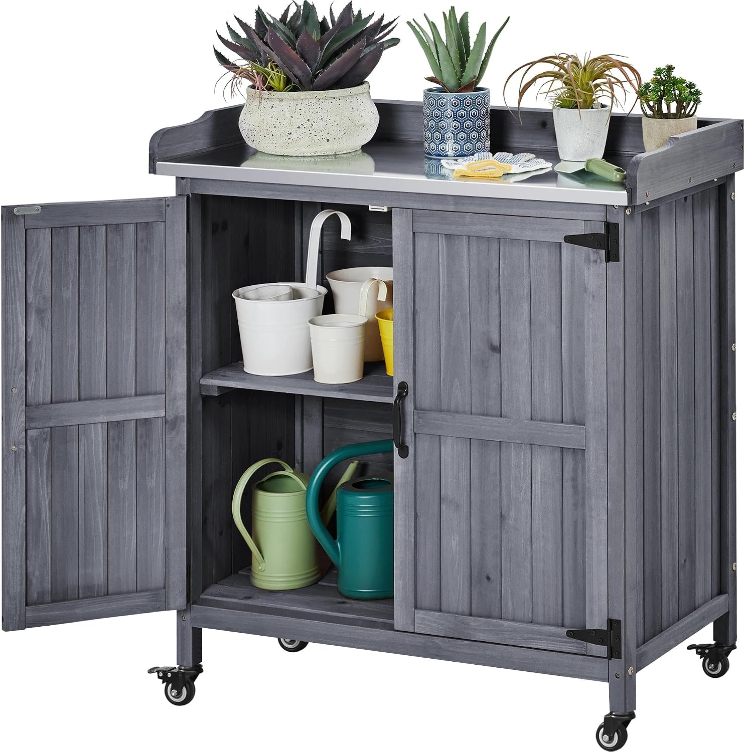 Workbench Woodworking - โต๊ะปลูกต้นไม้กลางแจ้งสำหรับสวน, โต๊ะทำงานปลูกต้นไม้ทำจากไม้สำหรับงานพืชสวน พร้อมท็อปโต๊ะเคลือบโลหะ, ตู้เก็บของขนาดใหญ่แบบตั้งพื้นพร้อมช่องจัดเก็บสำหรับลานบ้าน ระเบียง สีเทา